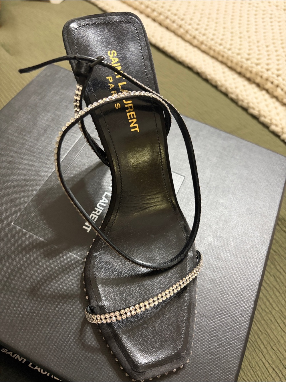 Saint Laurent Black Leather Rhinestone-Strap Heels